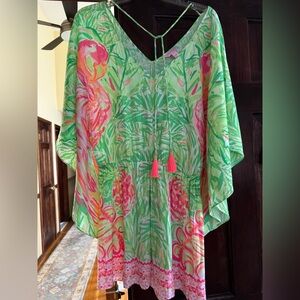 EUC Lilly Pulitzer Mai romper M Tropical Green & Pink Flamingo Caftan Tunic Rare